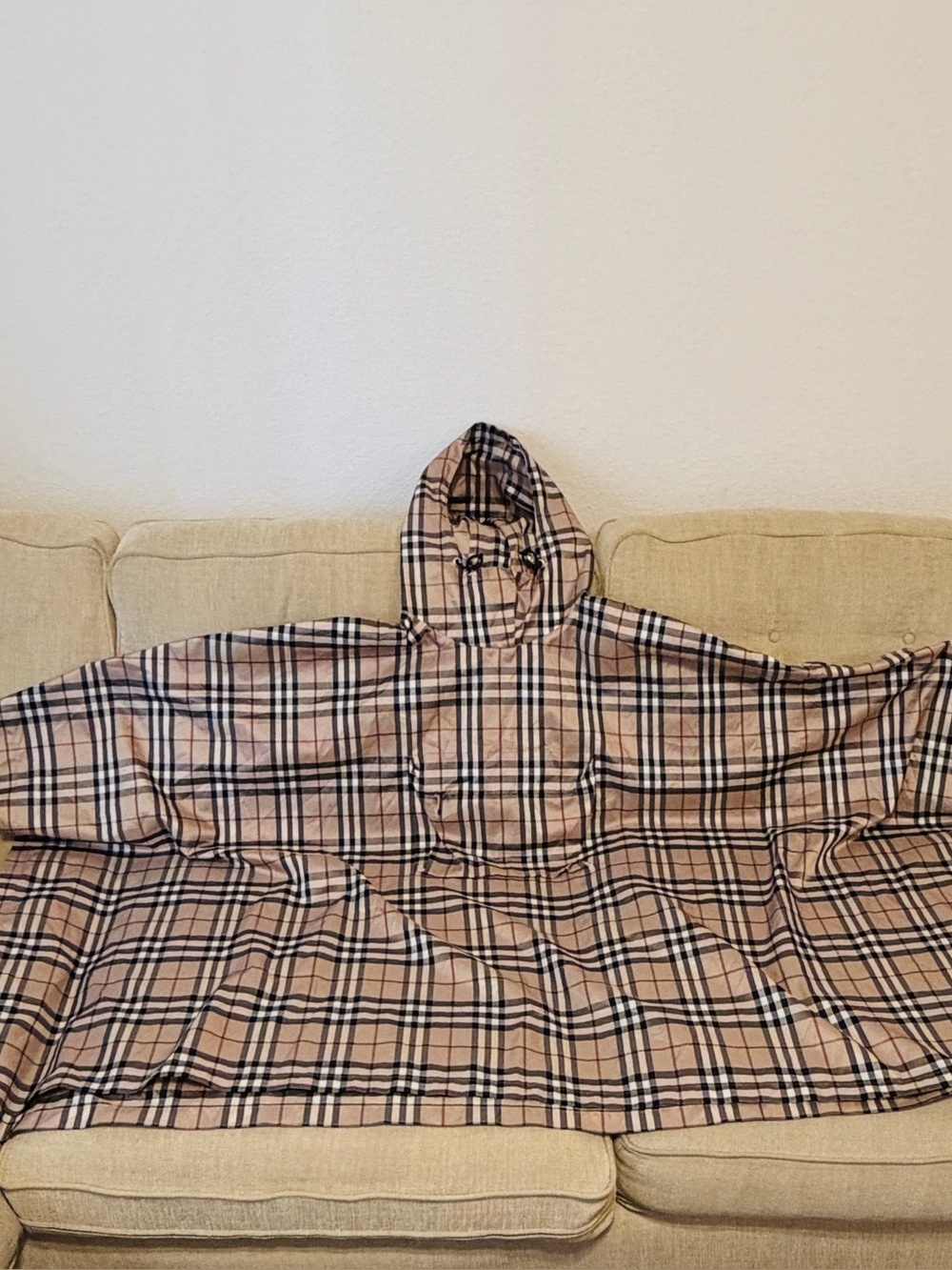 Burberry Beige Black and White Check Hooded Poncho